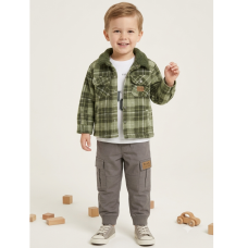 J15602: Boys Bench Sherpa Lined Check Shacket, Top & Cargo Pant Outfit (2-6 Years)